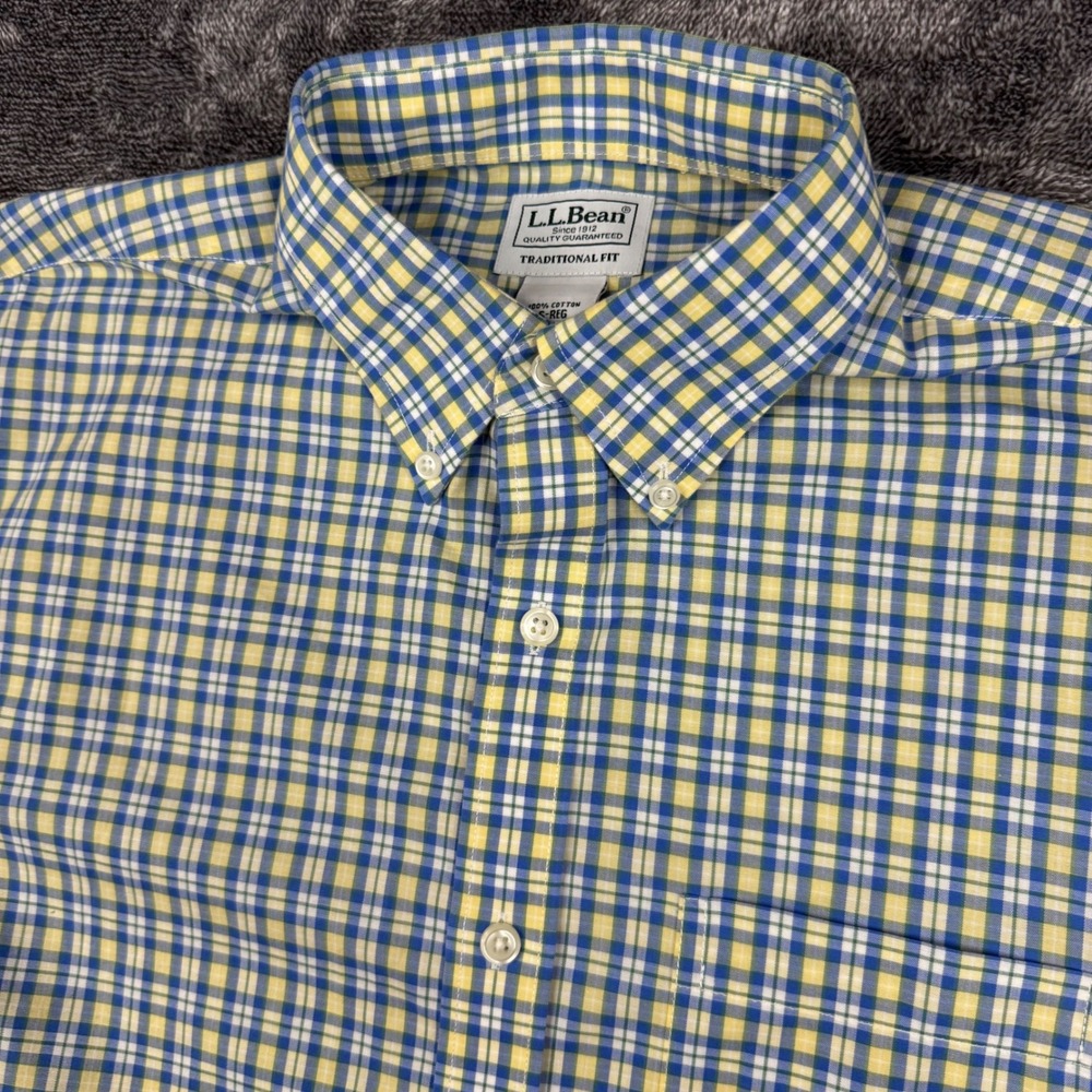 LL Bean Shirt Mens S Blue Yellow Plaid Traditional Fit Short Sleeve Button Down